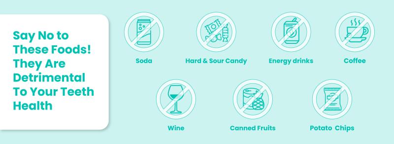 Foods that weaken teeth health graphic ( soda, hard and sour candy, energy drinks, coffee, wine, canned foods, potato chips)