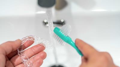 cleaning aligners with a soft toothbrush under running water 
