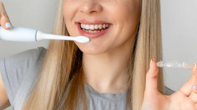 woman brushing teeth while holding aligners in hand before putting them on